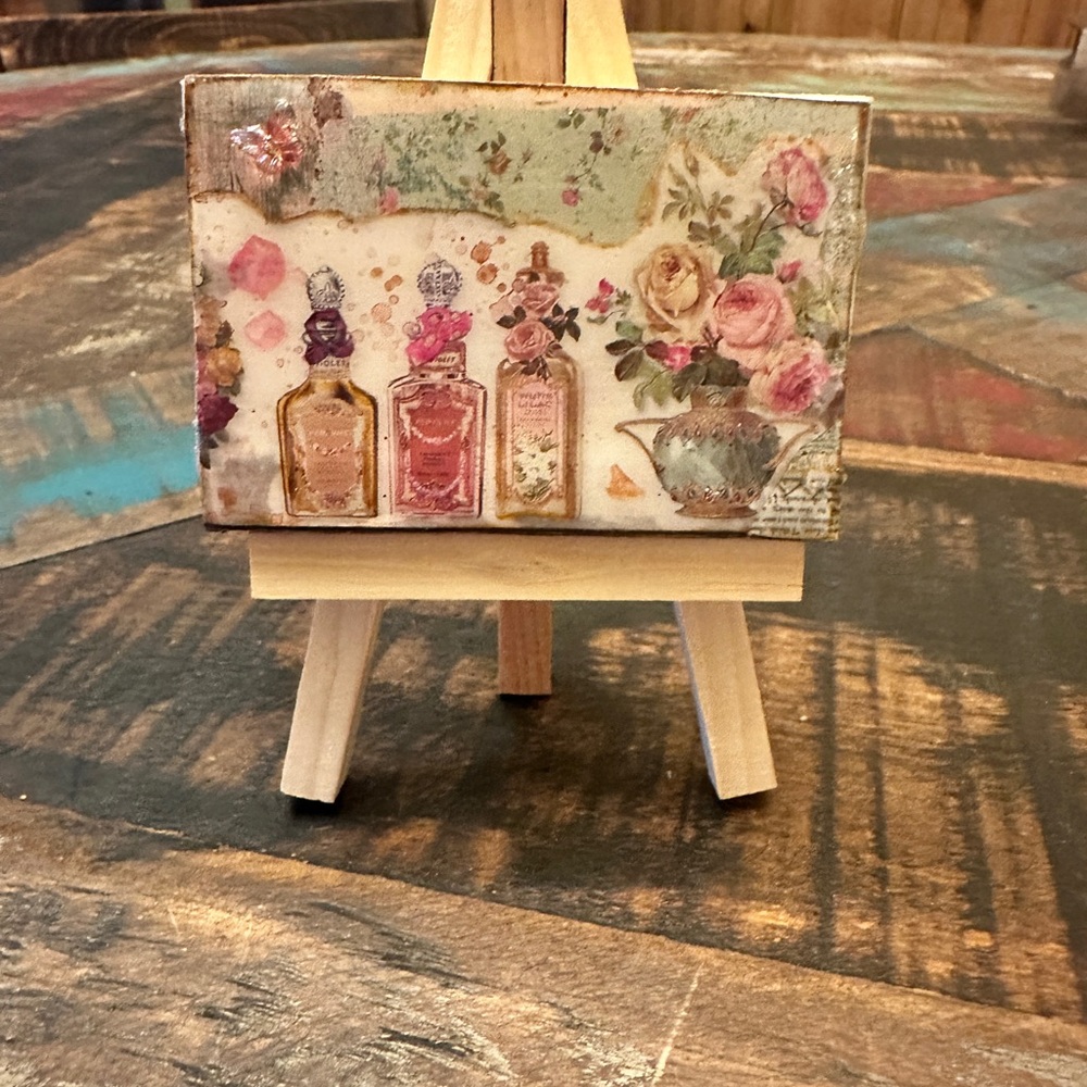 Handmade Miniature Bohemian Mixed Media Art on Mini Canvas Easel NEW.